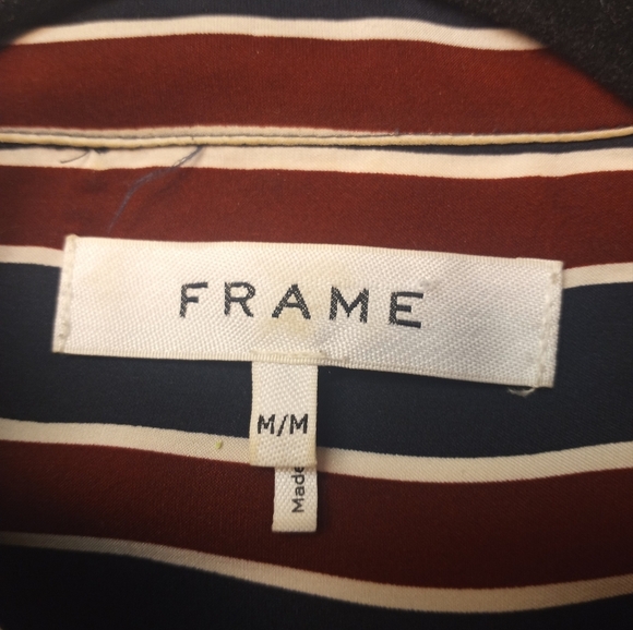Frame Silk Burgundy Red Navy Cream Striped French Cuff Boho Button Down Shirt M - Picture 6 of 10